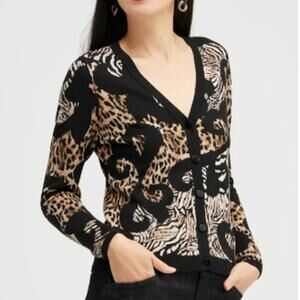 Chico's Cardigan Sweater Jacquard Animal Print Brown Black Womens Size 3